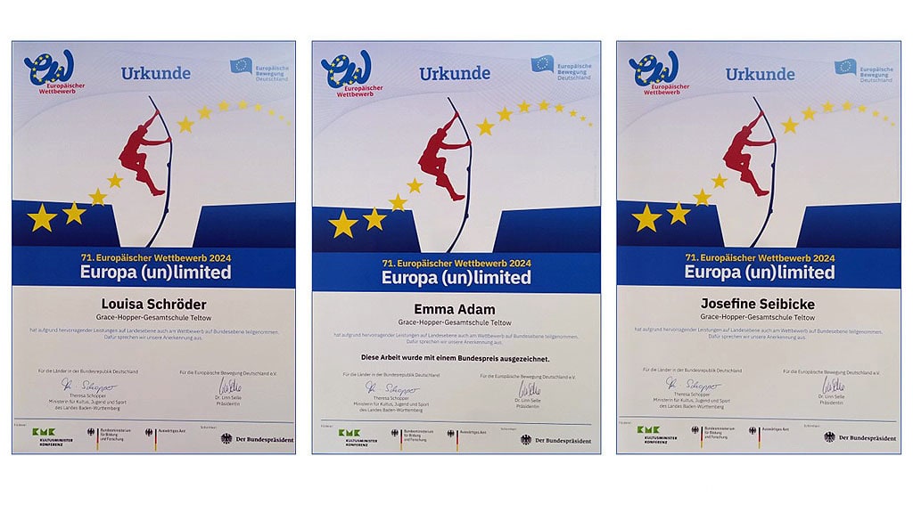 Schülerinnen gewinnen Bundespreis und Landespreise beim Europäischen Wettbewerb